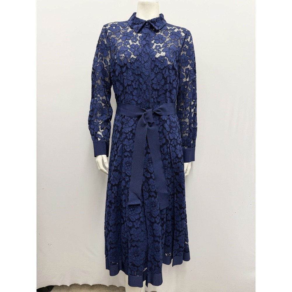 Carolina Herrera Floral Lace Cocktail Dress W Belt Sash Navy Blue NWT $1120 8 10
